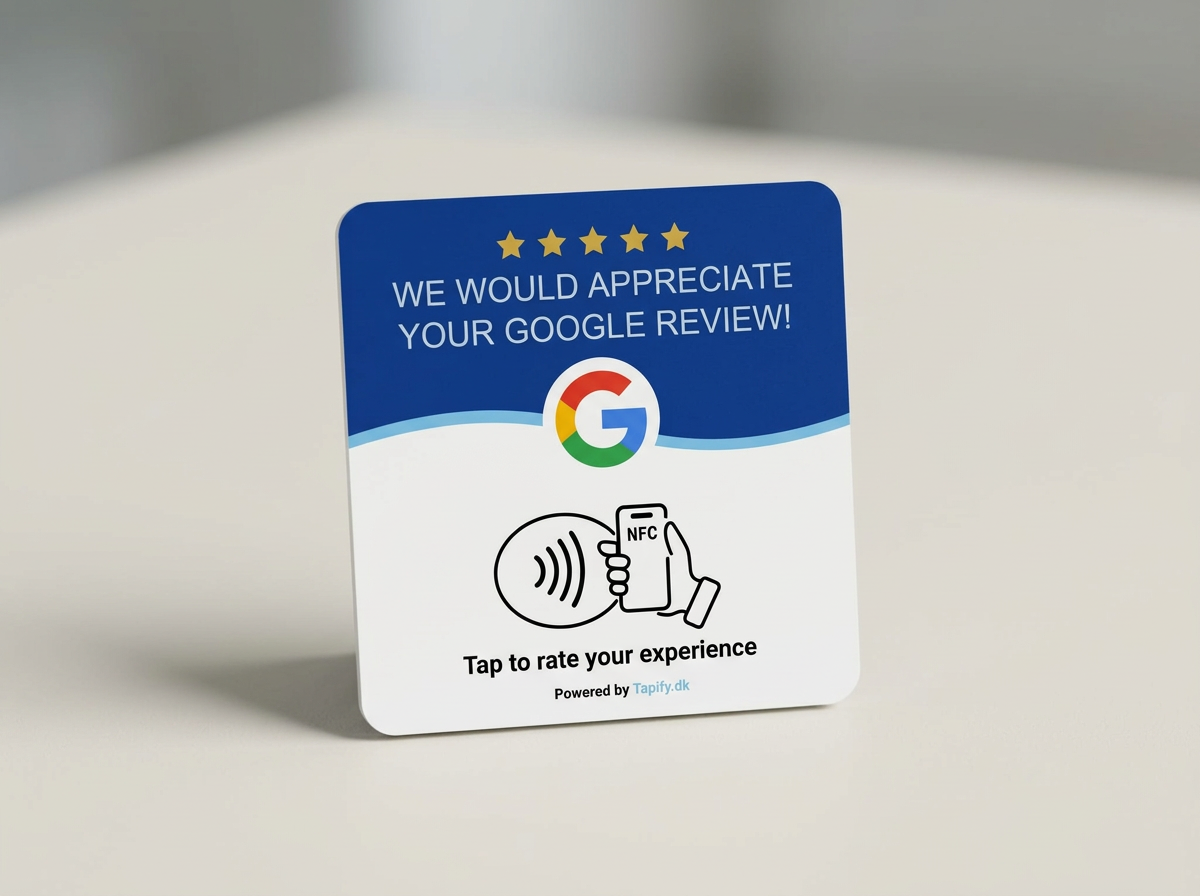Blue and white Tapify NFC Google Review card with five gold stars